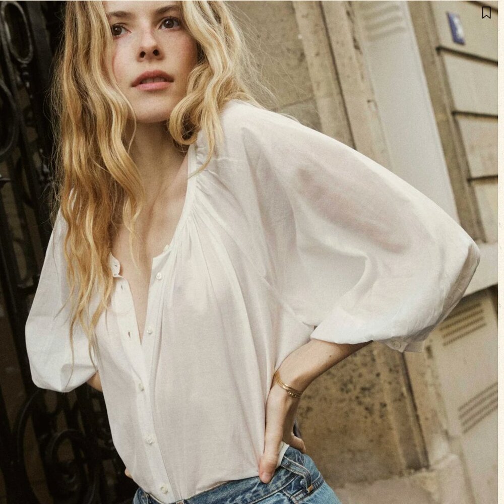 Doen Ivory Puff-Sleeve Button-Front Blouse